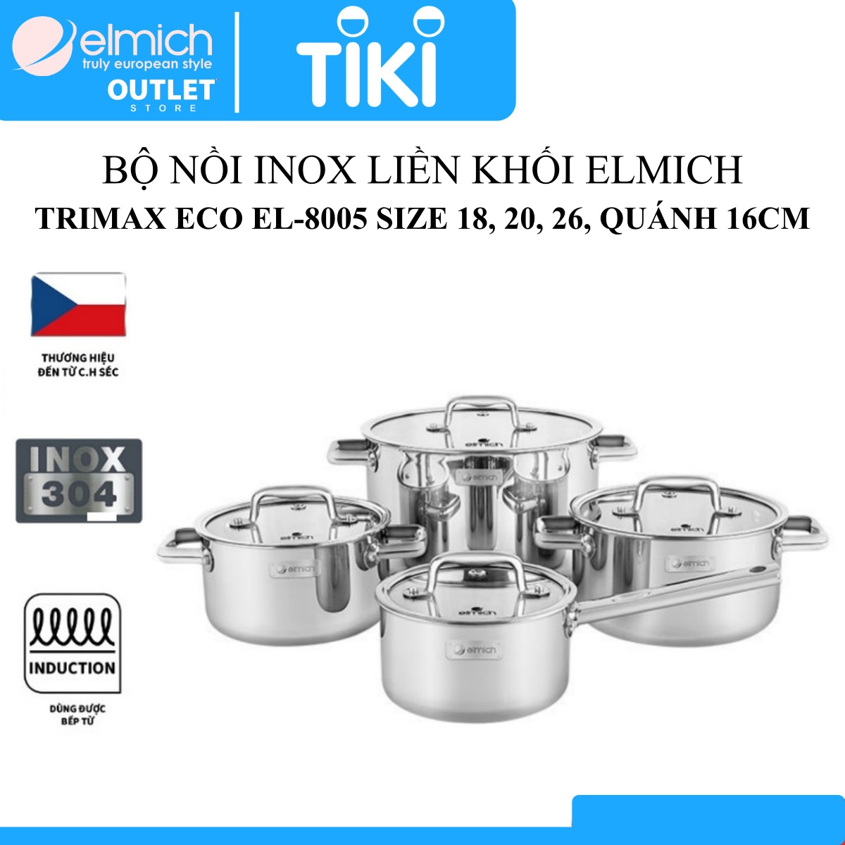 Bộ 4 Nồi Inox Liền Đáy Elmich Trimax ECO EL-8005 size 18, 20, 26 Quánh 16cm