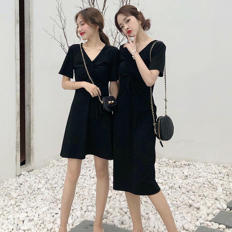 Đầm nữ ngắn tay cổ chữ V màu trơn