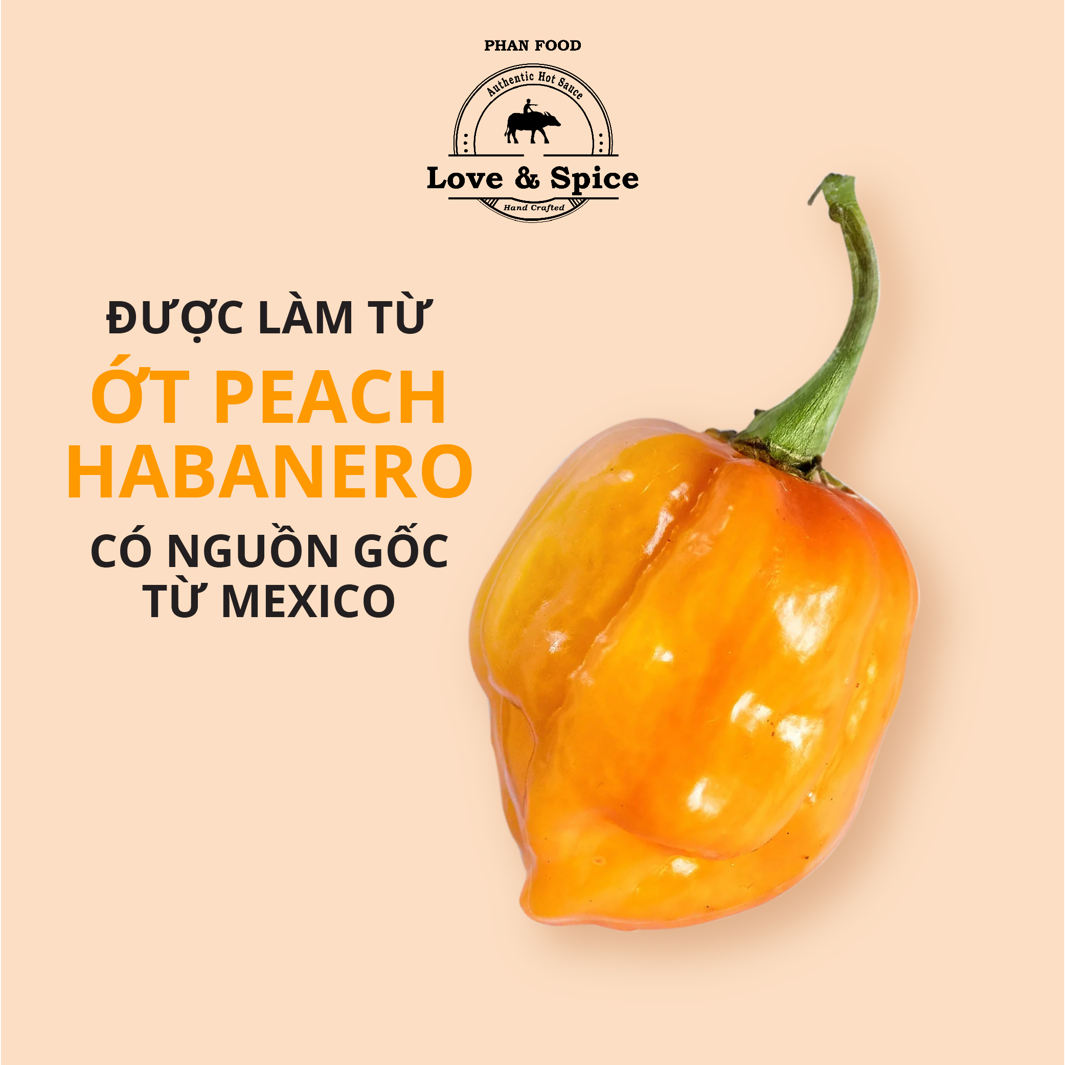 Set 2 móc khóa tương ớt siêu cay Love &amp; Spice CAY QUÁ ĐÃ (cấp độ 1) lên men tự nhiên từ ớt Peach Habanero chai 60ml x 2