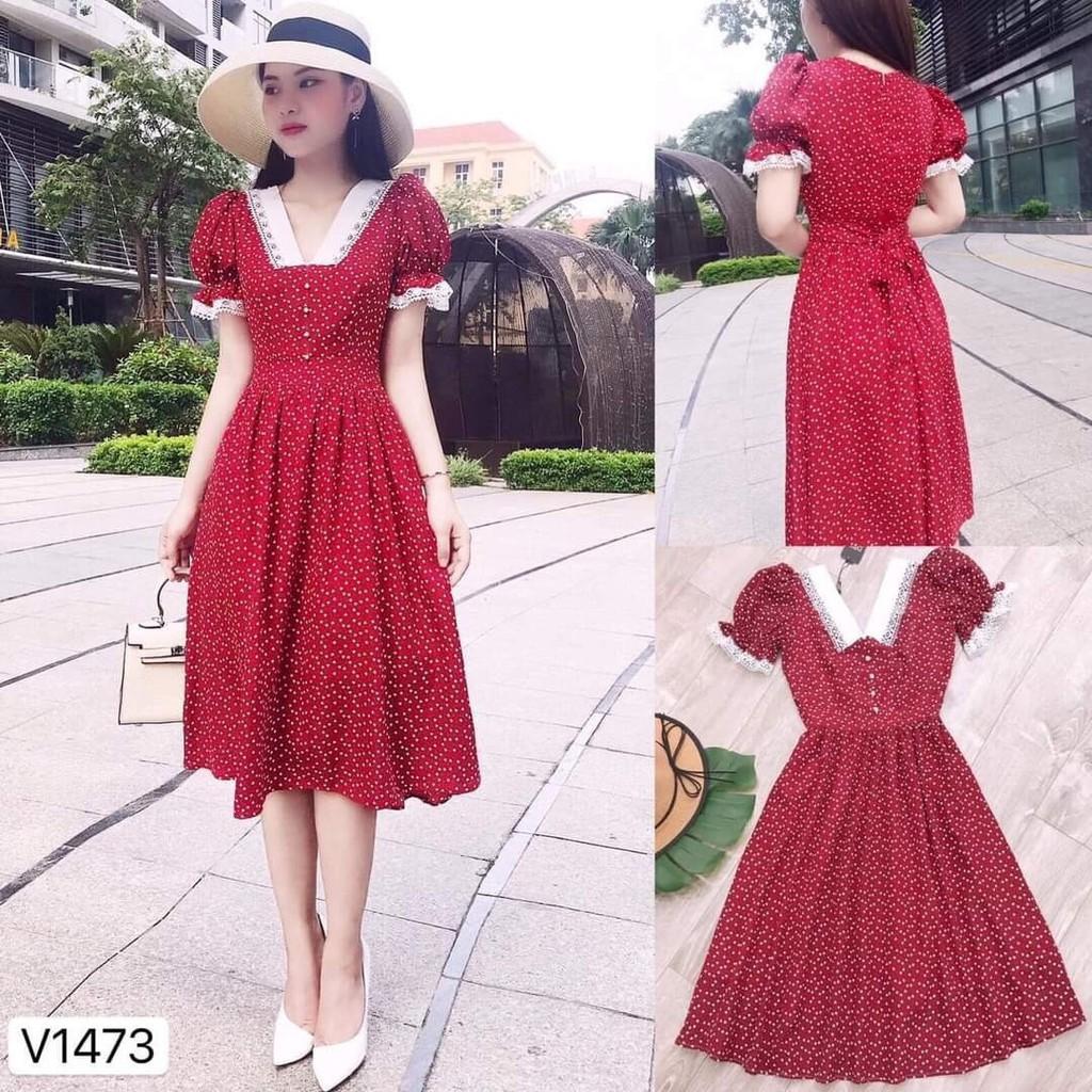 Đầm lụa xoè tiểu thư phối ren cột nơ eo xinh xắn