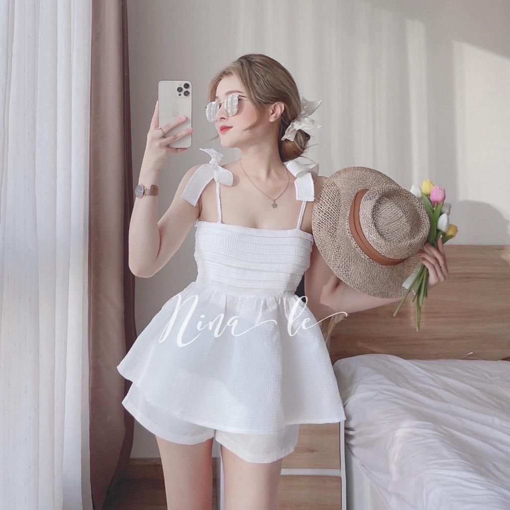 Set Áo 2 Dây Buộc Nơ trắng đen be hồng cocoland Nữ - Bộ đồ babydoll bánh bèo kèm short form rộng Ulzzang