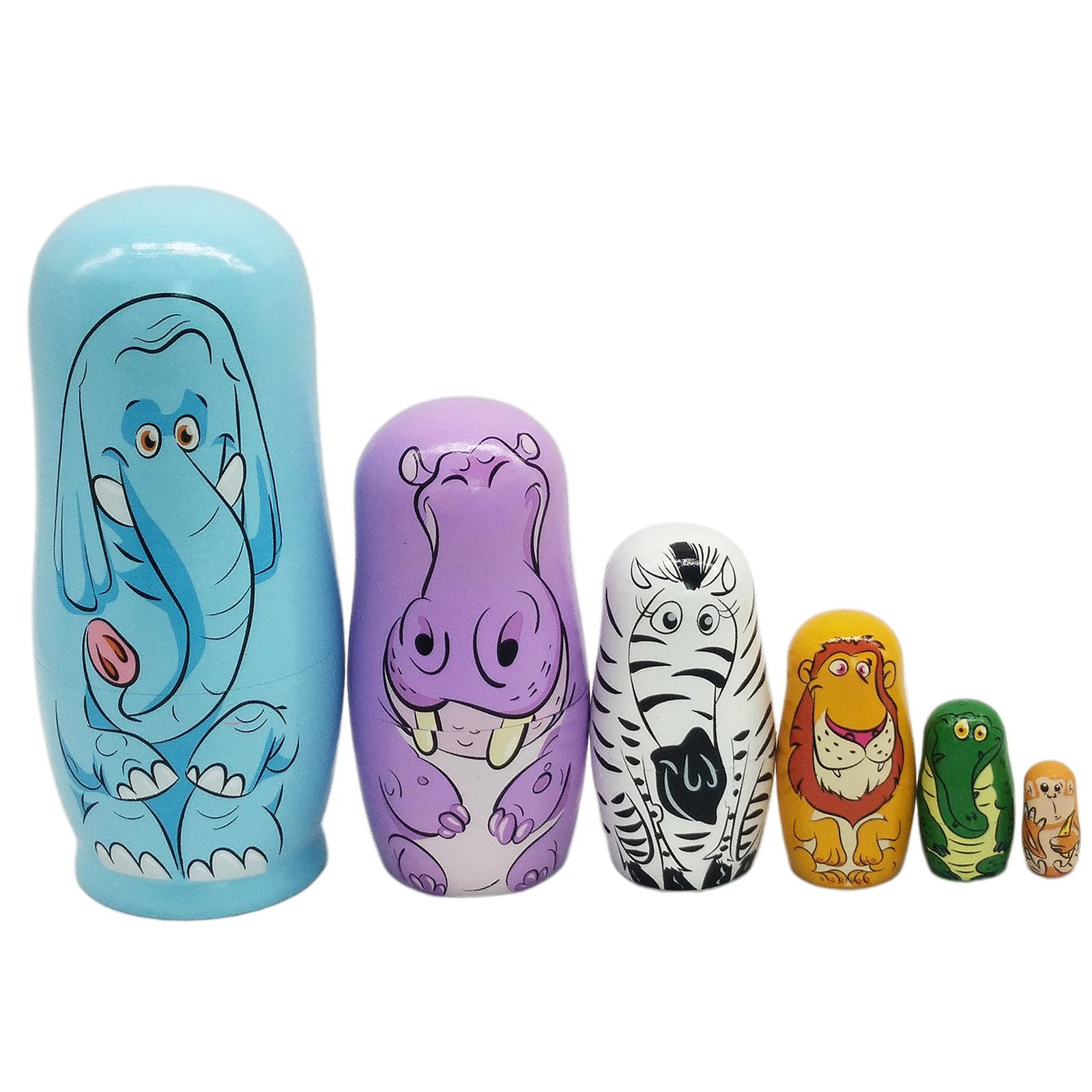 6 Pcs Cartoon Animal Matryoshka Russian Nesting Dolls Matrioska Babushka Wooden