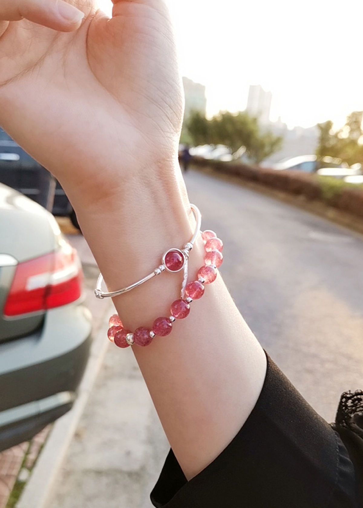 Vòng đôi đá thạch anh dâu phối charm lá bạc mệnh hỏa, thổ - Ngọc Quý Gemstones