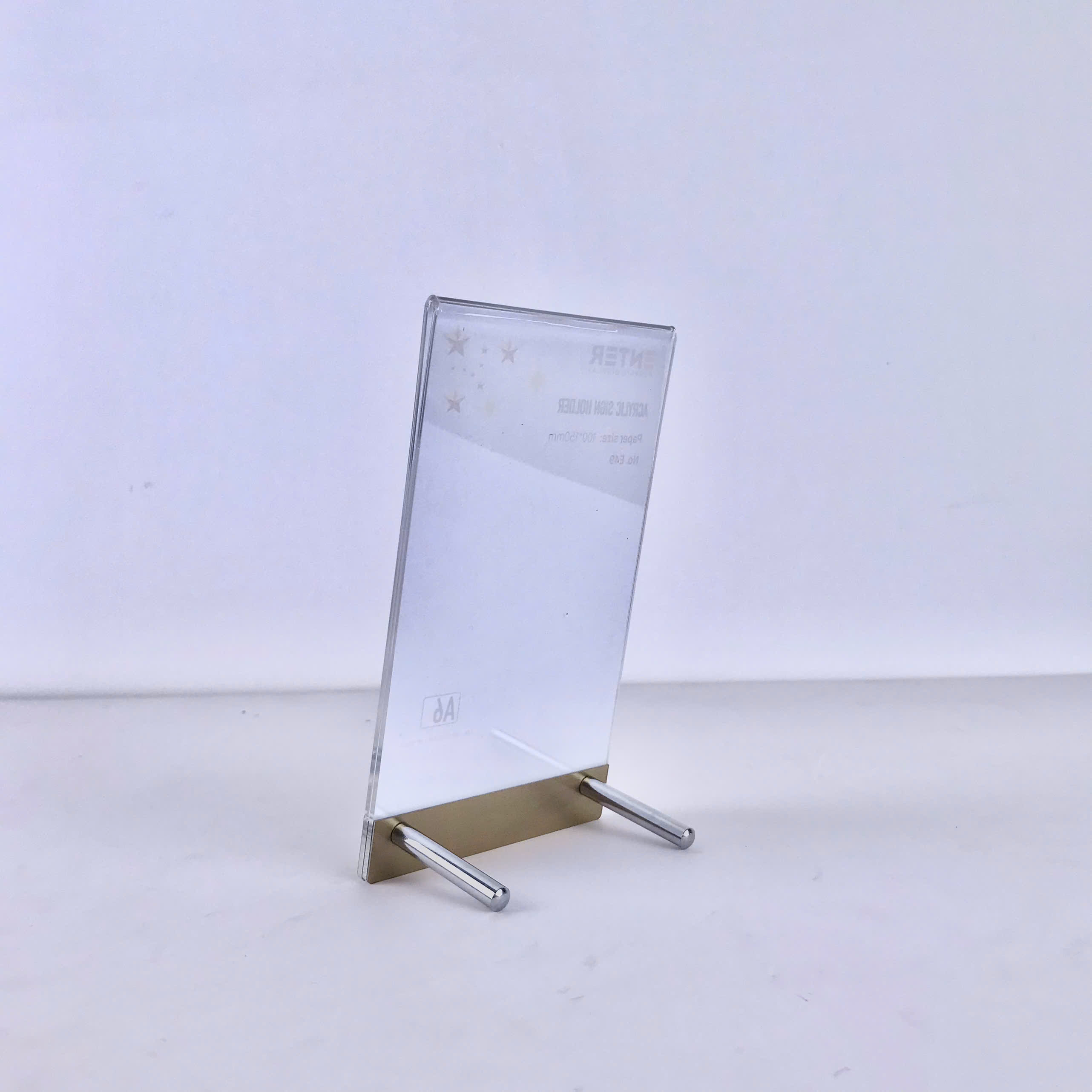 Kệ mica 1 mặt Enter E49 100x150mm liên kết bulon A6 đứng, Kệ menu nhà hàng, Standee mica để bàn, Bảng quét mã QR Code