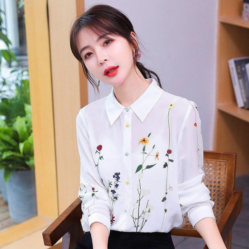 Áo Sơ Mi Nữ Tay Dài Công Sở Phối Họa Tiết Hoa Nhỏ Phong Cách Hàn Quốc Thời Trang EMEY LUXURY Cực Hot