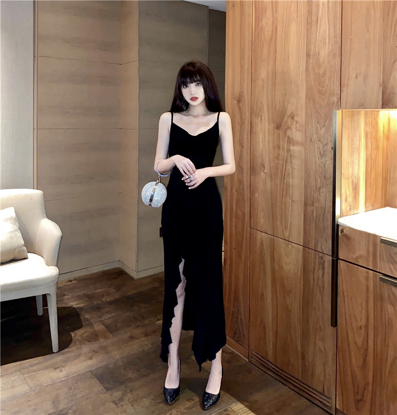 Hàng Quảng Châu - Đầm body 2 dây maxi thun đen xẻ đùi sang chảnh - d107193