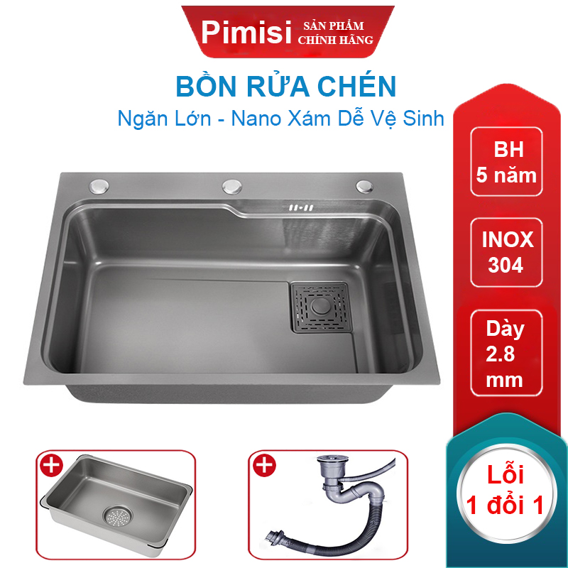 Bồn Rửa Chén Inox 1 Hộc Lớn Pimisi Làm Từ Thép Không Gỉ SUS 304 Nano Silver Bạc Xám Cao Cấp Kiểu Ngăn To 1 Hố, Kèm 1 Khay Chậu Rửa Bát Nhỏ Đơn Gác Bồn Sang Trọng Với Đầy Đủ Phụ Kiện Xi Phông, Gắn Được Âm - Dương Bàn Đá Bếp | Hàng Chính Hãng