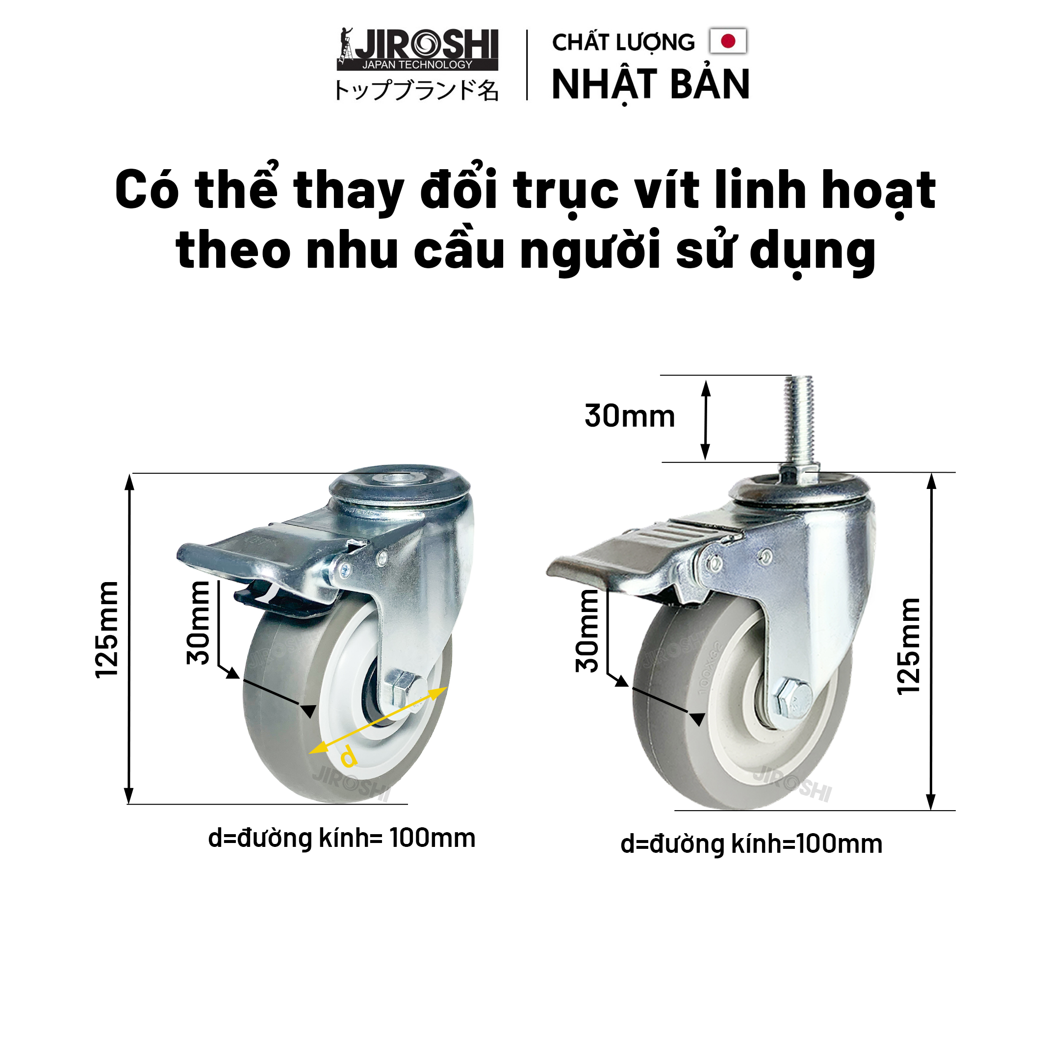 Bánh xe đẩy hàng chống ồn xoay  360 có khóa, bánh xe cao su TPR lỗ vít 100mm