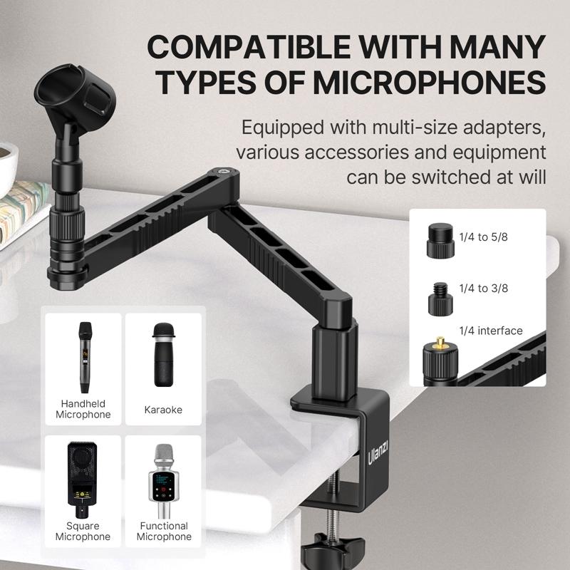 Ulanzi LS26 micrô cấp thấp đứng máy tính để bàn mic boom clip điều chỉnh có thể điều chỉnh clip hỗ trợ điều chỉnh đa góc và kéo dài