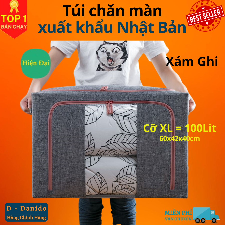 Loại Xịn Có Chọn Size Túi Chăn Màn Khung Sắt Nhật Bản, Túi Đựng Chăn Mền Quần Áo Cao Cấp Chính Hãng Hàng Xuất Khẩu - Size Xl 60Cm X 42Cm X 40Cm - Xám Ghi Grey