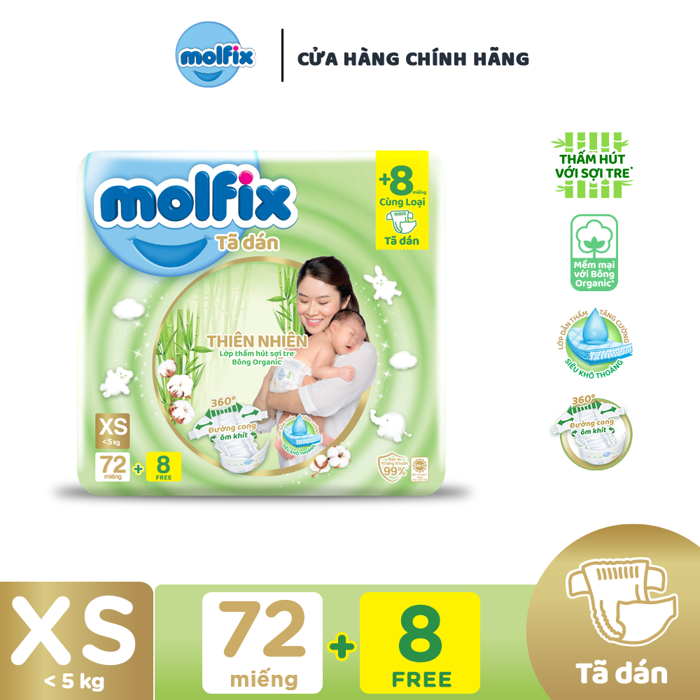 Tã/bỉm dán sơ sinh Molfix Thiên nhiên Jumbo Newborn 72 (dưới 5kg) - Gói 72 miếng