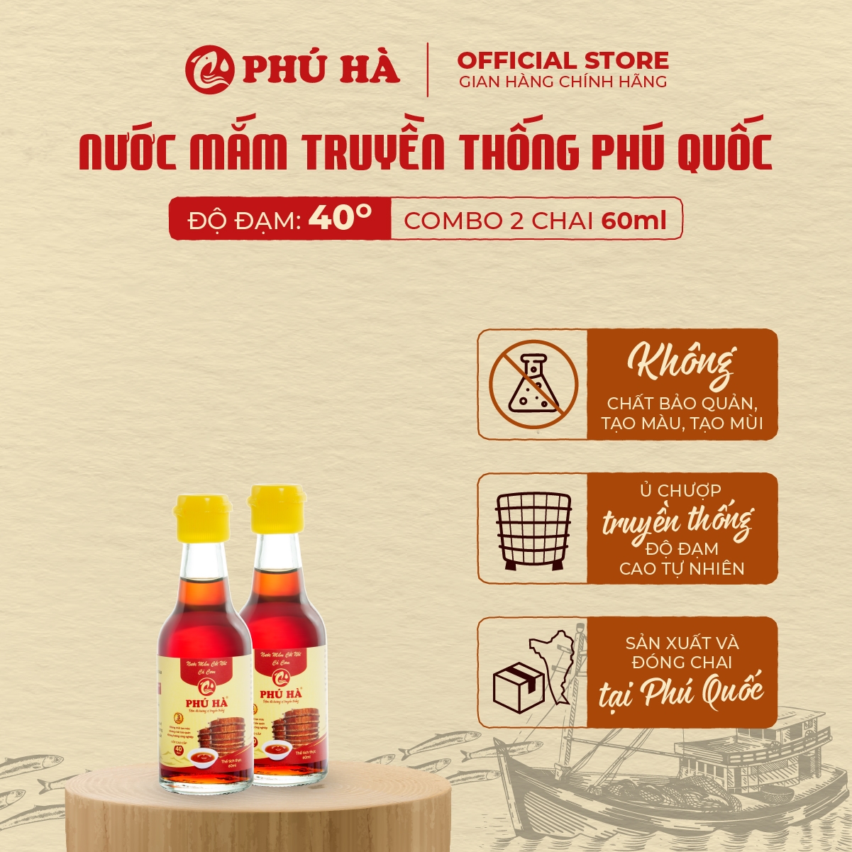 Nước mắm truyền thống Phú Quốc Phú Hà 40 độ đạm - Combo 2 chai 60ml