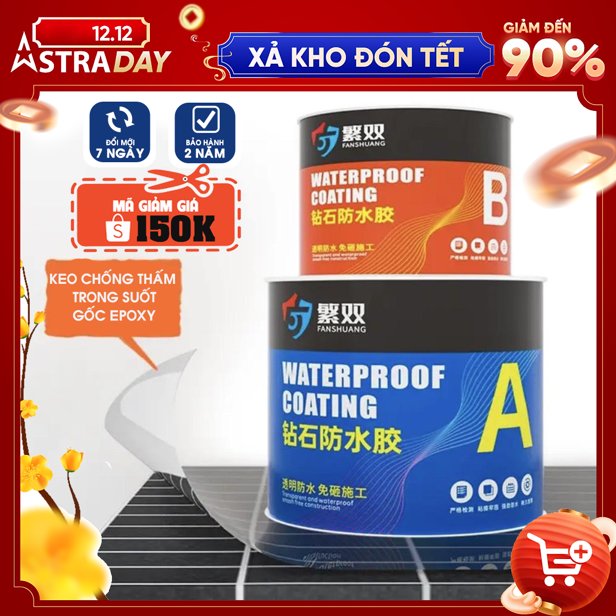 Keo chống thấm Epoxy 2 thành phần A - B trong suốt, sử lý chống thấm mặt sàn nhà vệ sinh, quét bảo vệ gạch men