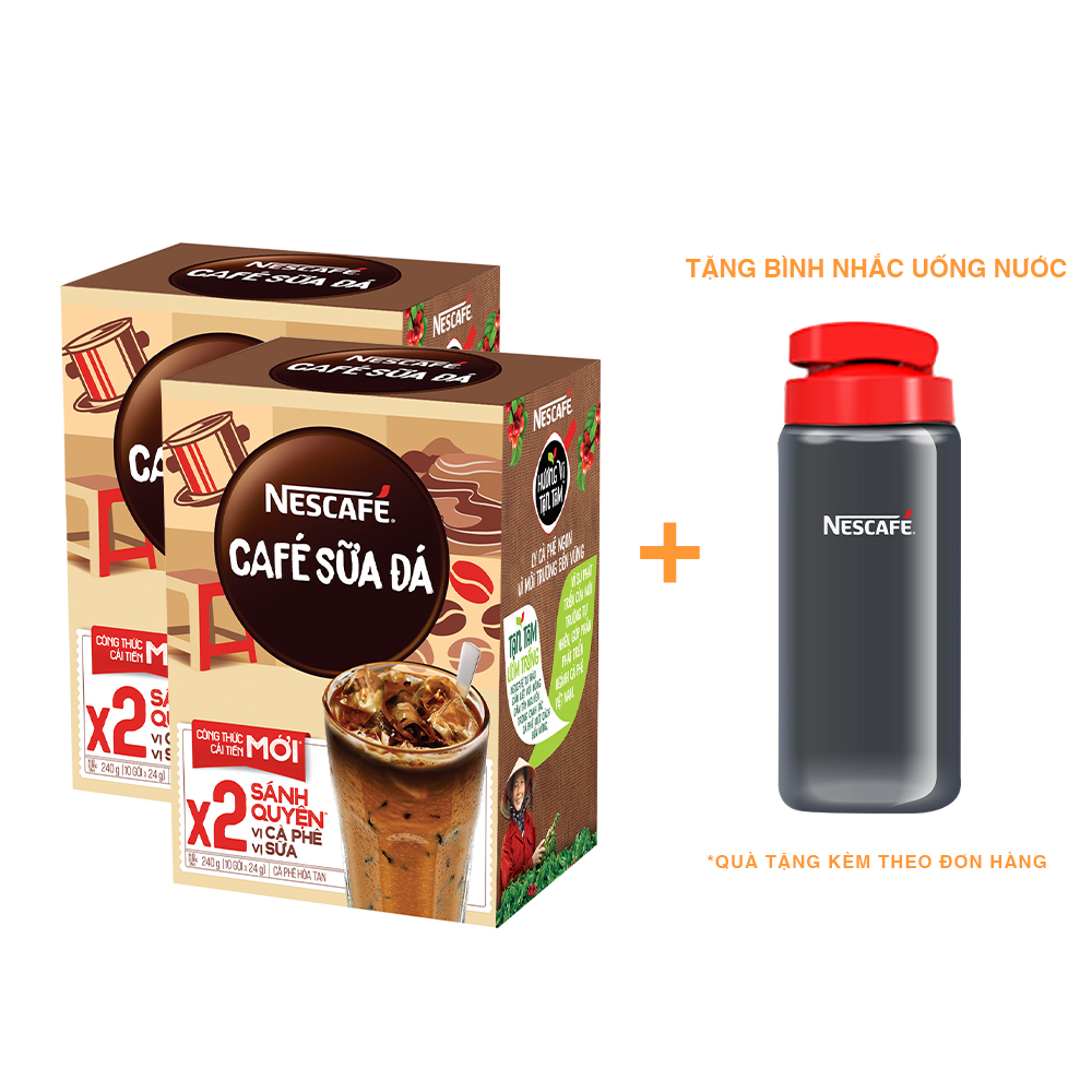 Combo 2 hộp cà phê hòa tan Nescafé 3in1 cà phê sữa đá (Hộp 10 gói x 24g) - [Tặng 1 bình nước Water Reminder 700ml]