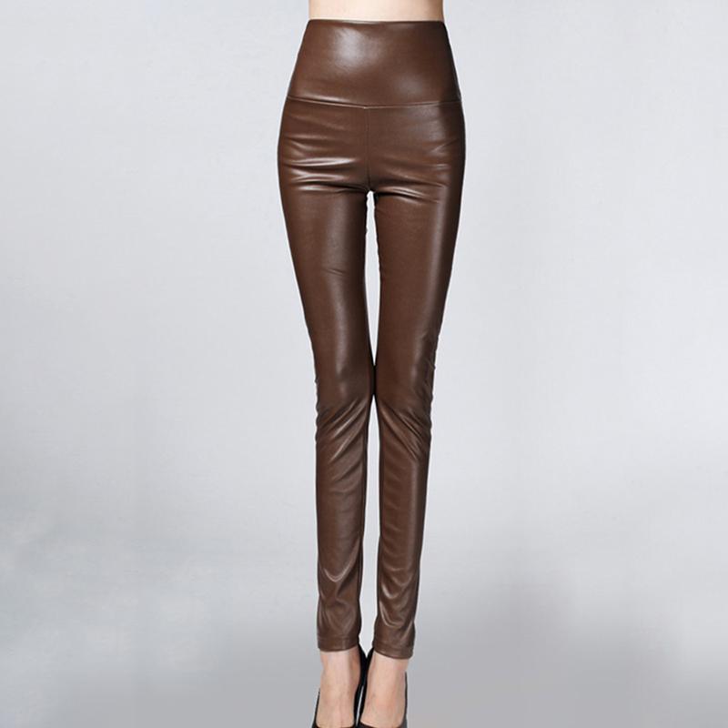 Fashion Women Leggings Skinny Pants PU Leather Elastic High Waist Warm Fleeces Autumn Winter Solid Slim Tights Pencil