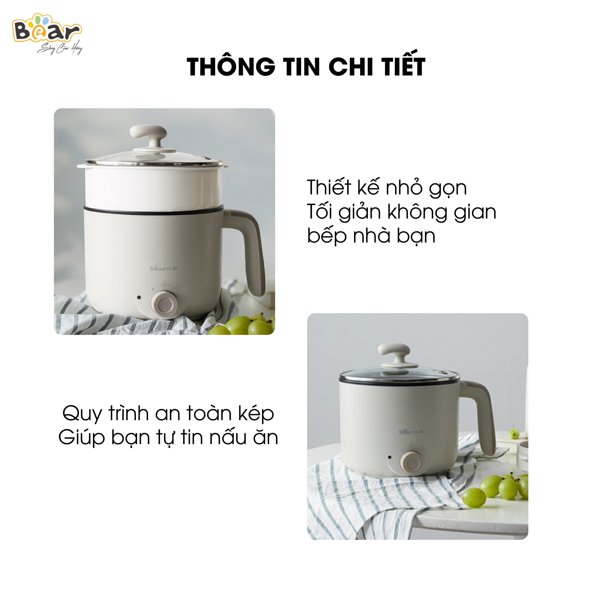 Nồi Lẩu Mini Đa Năng 1,2L Bear Lẩu 2 tầng Vật Liệu Chống Dính An Toàn C12K1 - Hàng nhập khẩu