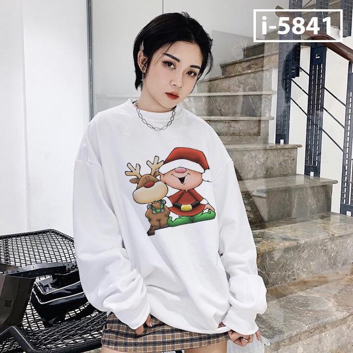 Áo Thun Nữ Vây Cá Tay Dài Bo Ông Già NOEL Chú Tuần Lộc Màu Trắng ATN5841