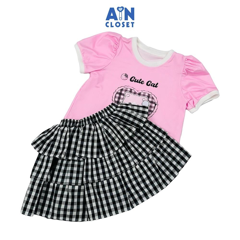 Set Áo Váy bé gái họa tiết Caro Mèo Đen Cotton - AICDBGPG4GTX - AIN Closet