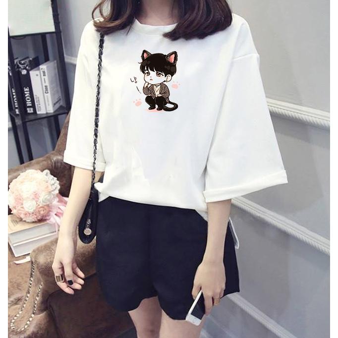 Áo thun tay lỡ Hàn Quốc form rộng in hình chibi V BTS vải dày mịn TEEWO126