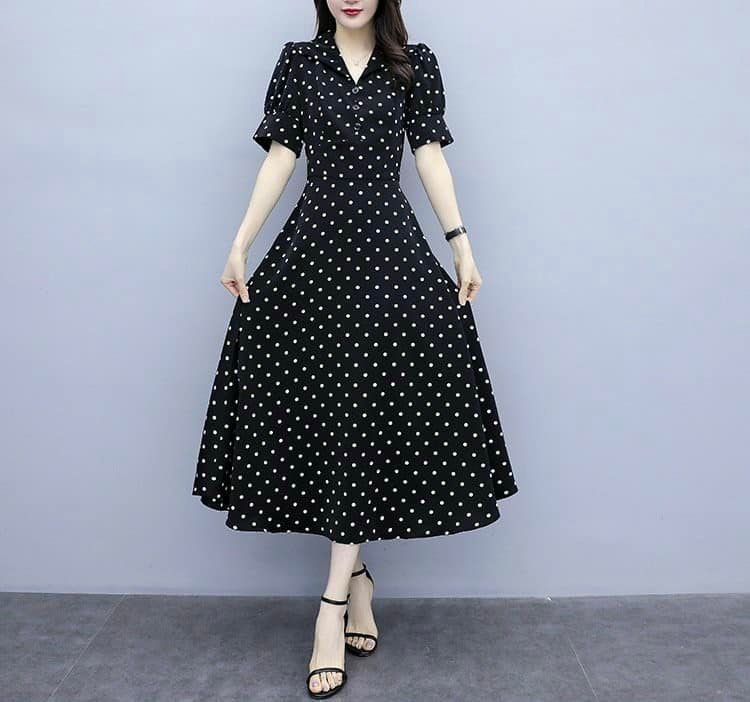 ĐẦM XOÈ CHẤM BI TAY LỠ CỔ SƠ MI