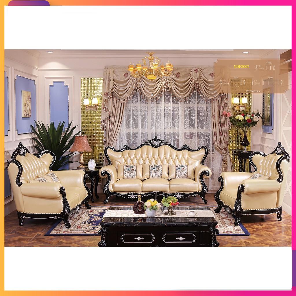 Sofa tân cổ điển hoàng gia cao cấp khung gỗ thịt phủ bóng bọc da bò Italy – sang trọng và đẳng cấp