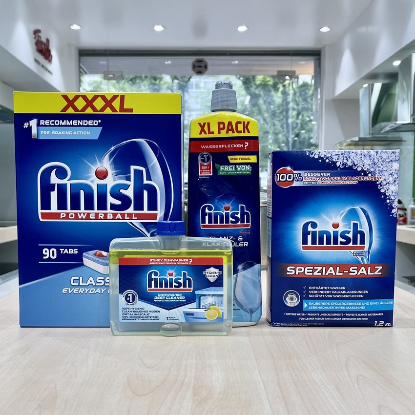 COMBO FINISH: Viên rửa bát Classic 90 viên + Bóng 750ml + Muối 1,2kg + Dung dịch vệ sinh