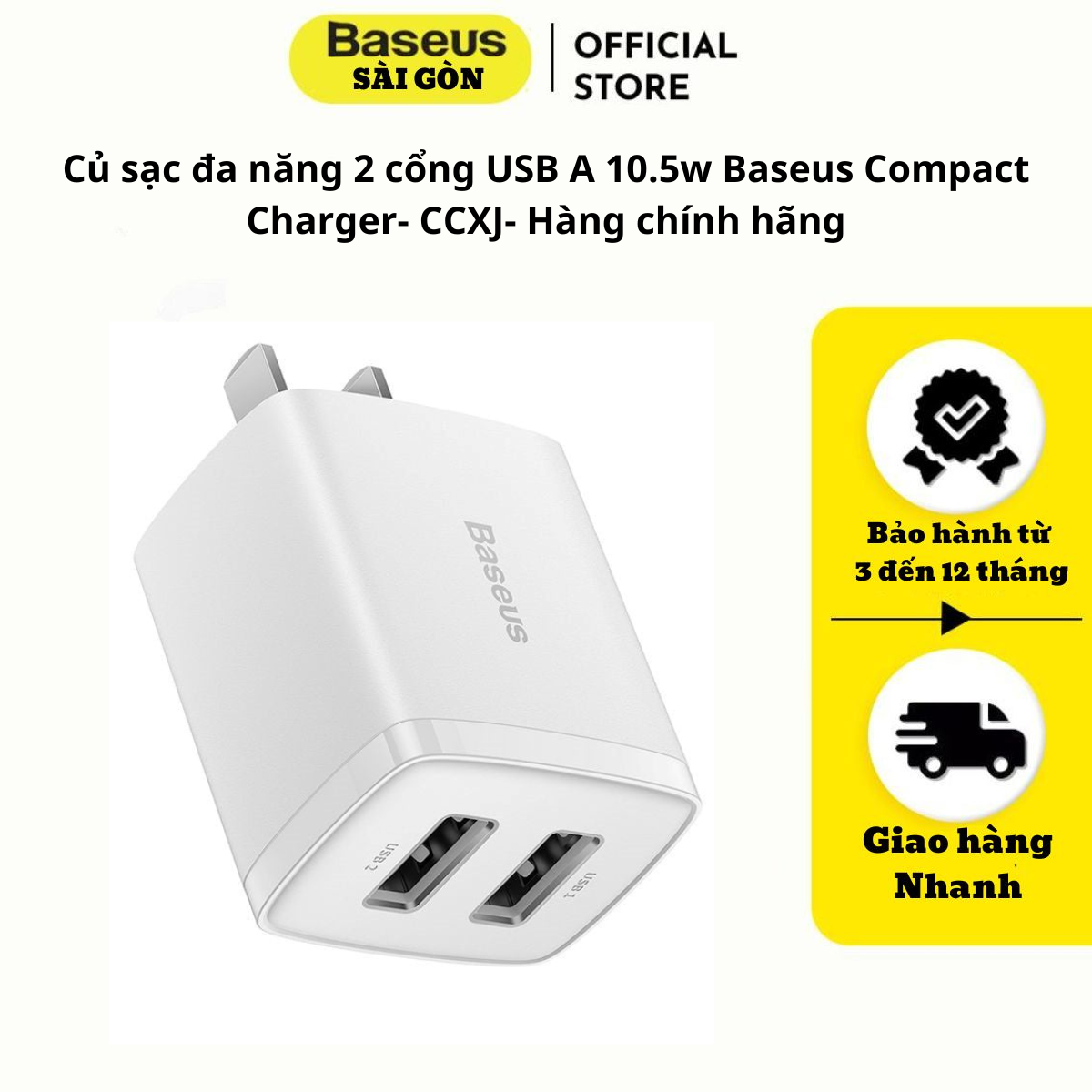 Củ sạc đa năng 2 cổng USB A 10.5w Baseus Compact Charger- CCXJ- Hàng chính hãng