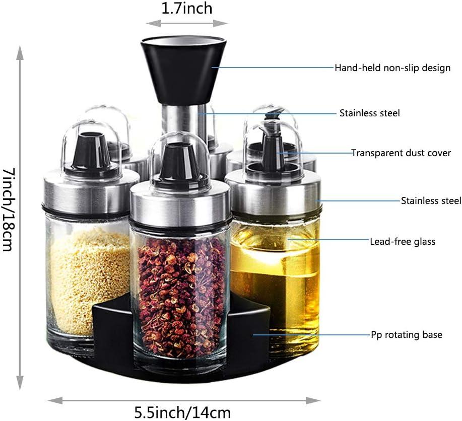 Bộ phân phối dầu và giấm của 6 chai, muối và giữ hạt tiêu bằng thép không gỉ với giá đỡ xoay 360 °
