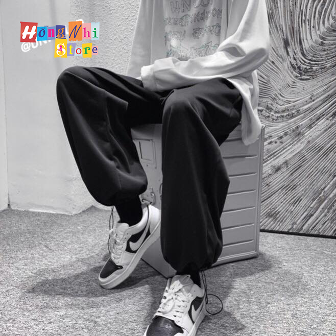 Quần Jogger Basic Ulzzang Unisex Jogger Trơn Dây Rút Lai Ống Rộng Màu Đen - MM