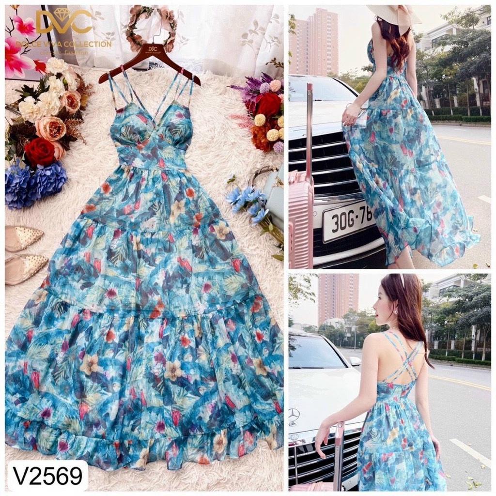 Đầm maxi hoa xanh hai dây dự tiệc hoặc đi biển mẫu có mút ngực thời trang nữ thiết kế phù hợp mọi phong cách