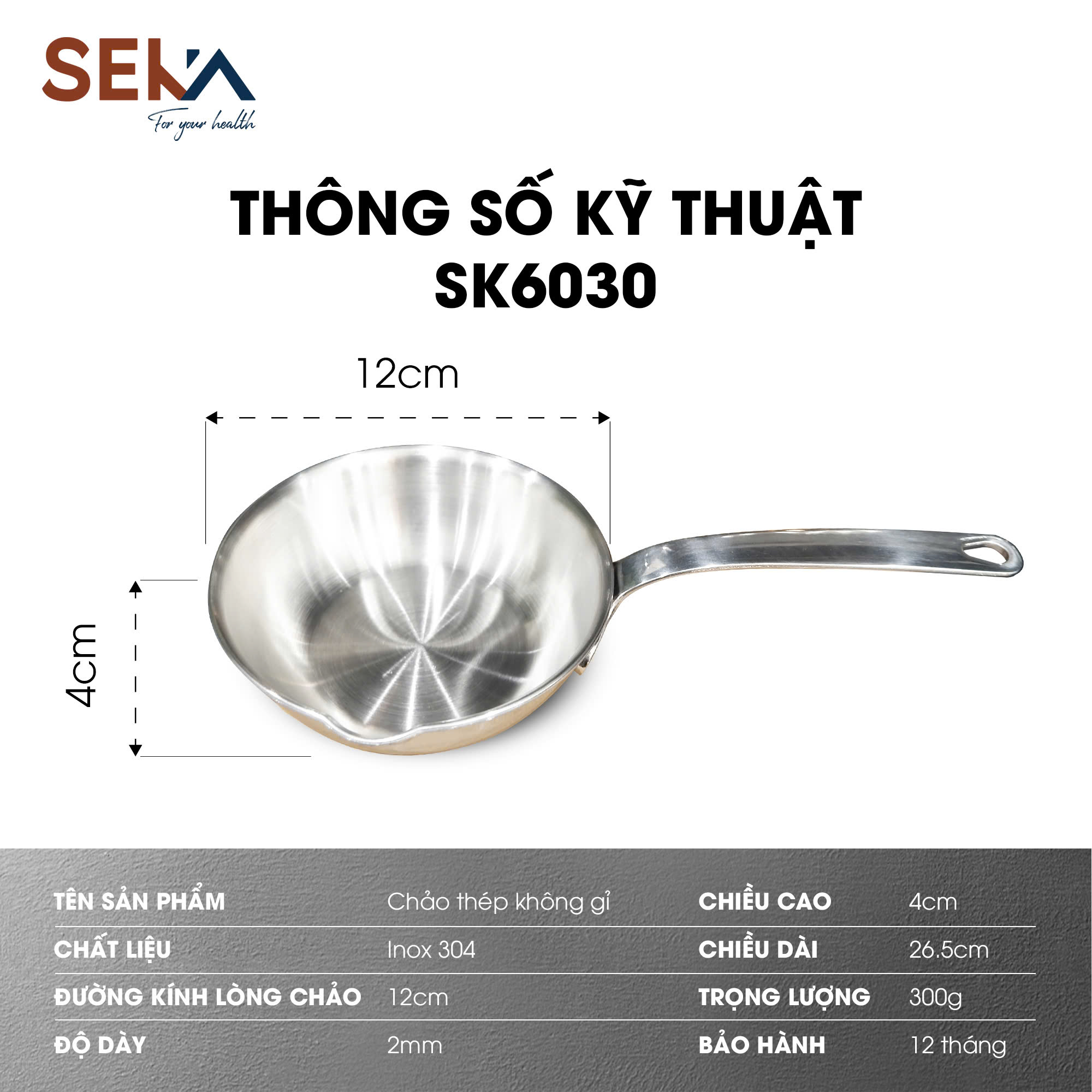 Chảo SEKA 12cm chảo mini chất liệu inox 304 đúc nguyên khối đáy liền 3 lớp nấu cho bé