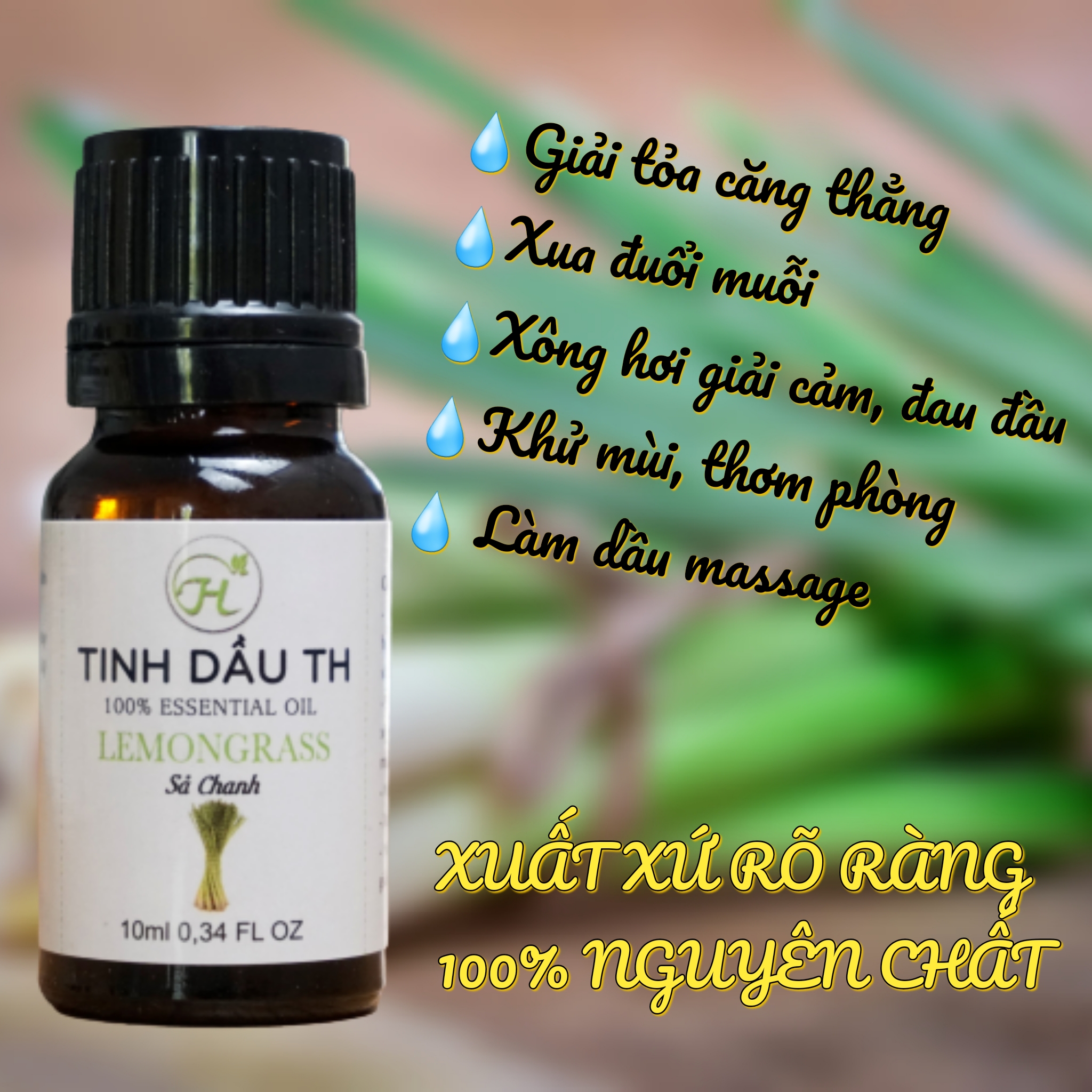 Tinh Dầu Sả Chanh TH 100% Thiên Nhiên, An Toàn Cho Trẻ, Xông Phòng, Khử Mùi, Kháng Khuẩn, Đuổi Muỗi, Giải Cảm