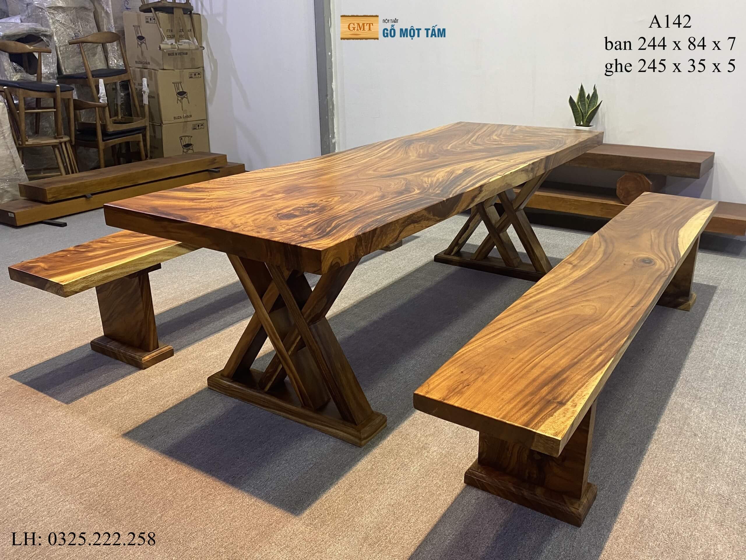 Bàn Cafe Gỗ Me Tây, Bàn Làm Việc Gỗ Me Tây, Bàn Gỗ Me Tây Nguyên Tấm Dài 2,44m Rộng 84cm Dày 7cm