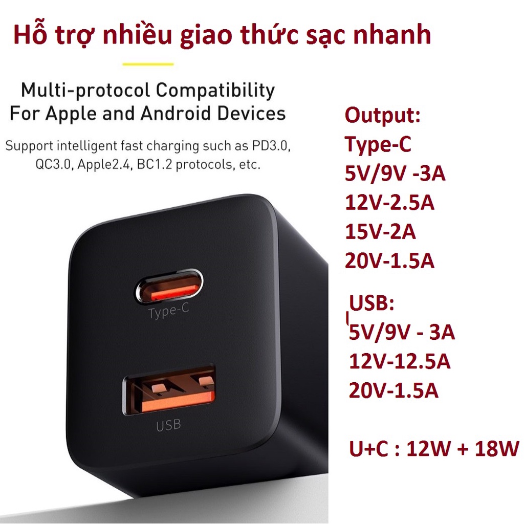 Cốc sạc 30W 2 cổng U+C chân xếp Baseus Super Si Pro CCSUPP-D01_ Hàng chính hãng