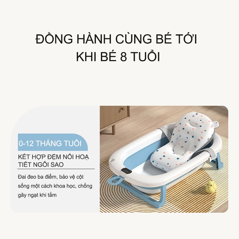 Thau tắm/Chậu tắm gấp gọn size lớn có nhiệt kế tiện dụng kèm phao cho bé yêu mẫu mới nhất có nút thoát nước (màu ngẫu nhiên)