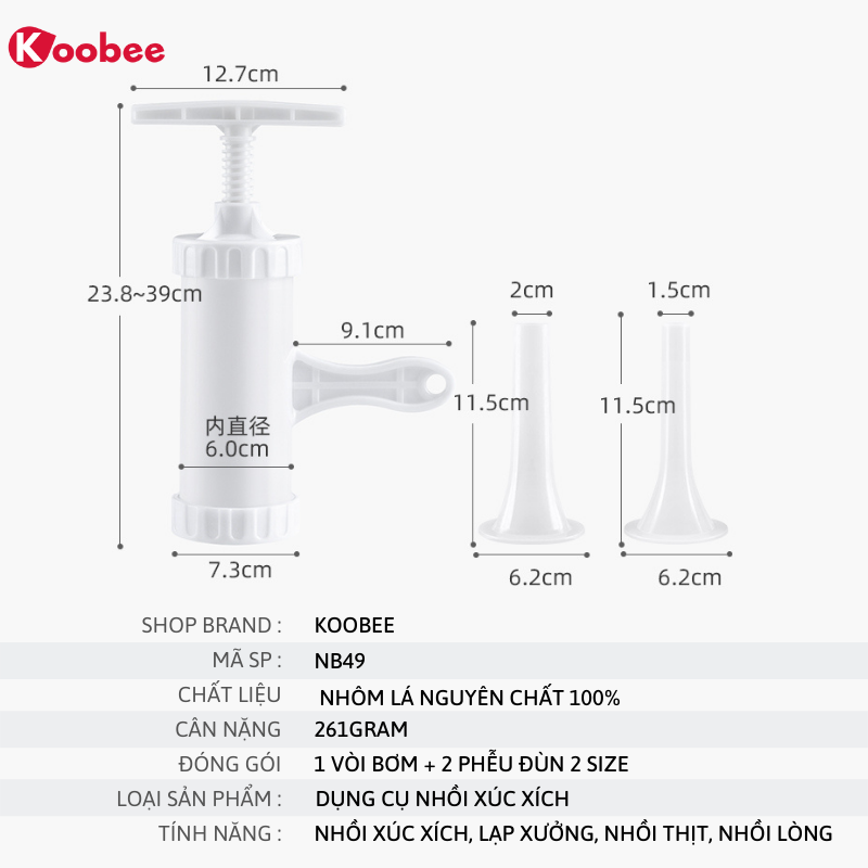 Dụng cụ nhồi xúc xích, lạp xưởng, nhồi thịt dồi sụn - Hàng loại 1 nhựa PP an toàn ống nhồi dày dặn và thanh vặn ren to