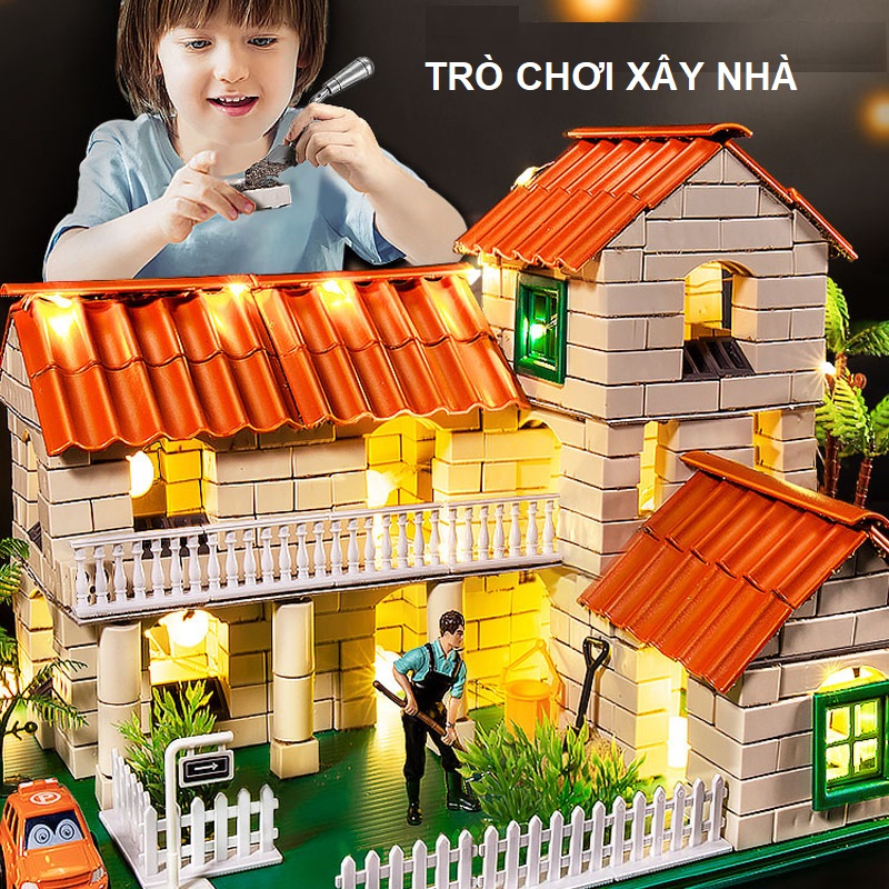 Đồ chơi lắp ráp xây nhà gạch mini mô phỏng như thật cho bé trai gái thử làm thợ xây tí hon, quà tặng sinh nhật cho bé