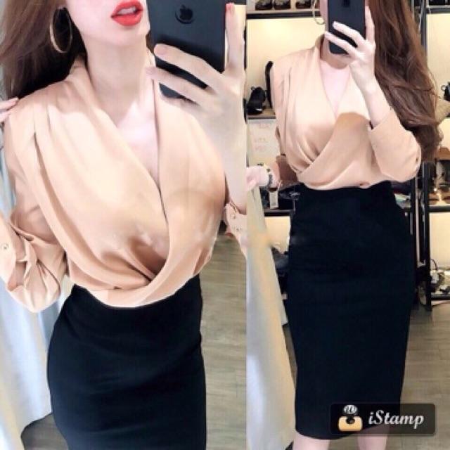 Áo sơmi vạt chéo lụa satin