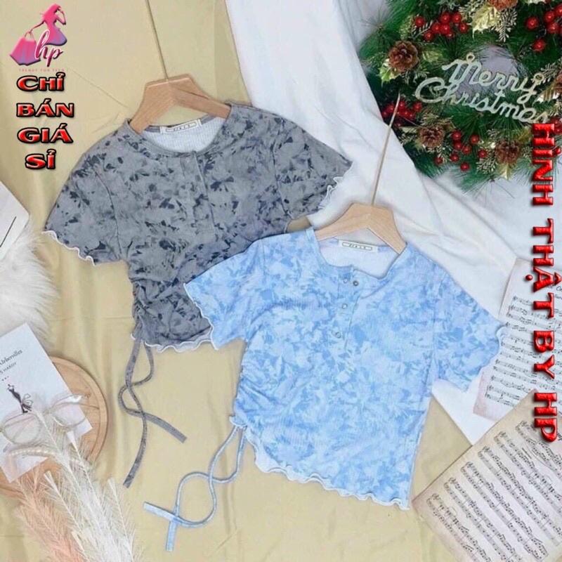 áo kiểu croptop nữ tay ngắn thun gân rút eo loang mẫu mới 2021