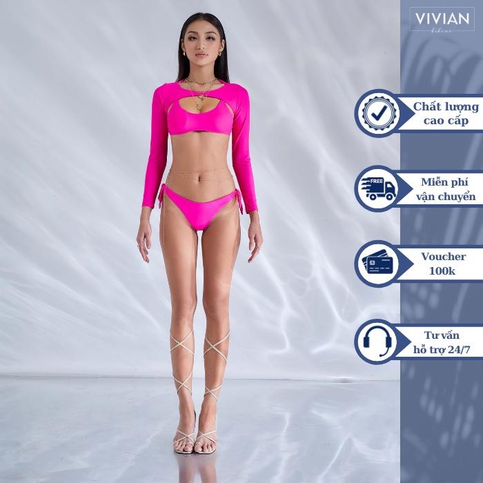 Đồ bơi nữ cao cấp dạng hai mảnh áo chữ U phối áo cover tay dài sexy - �Hồng - VS180_PK