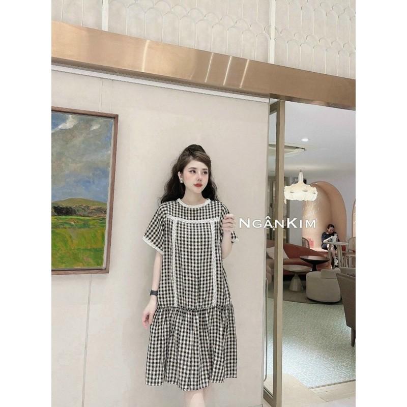 Đầm bầu caro phối ren sang chảnh