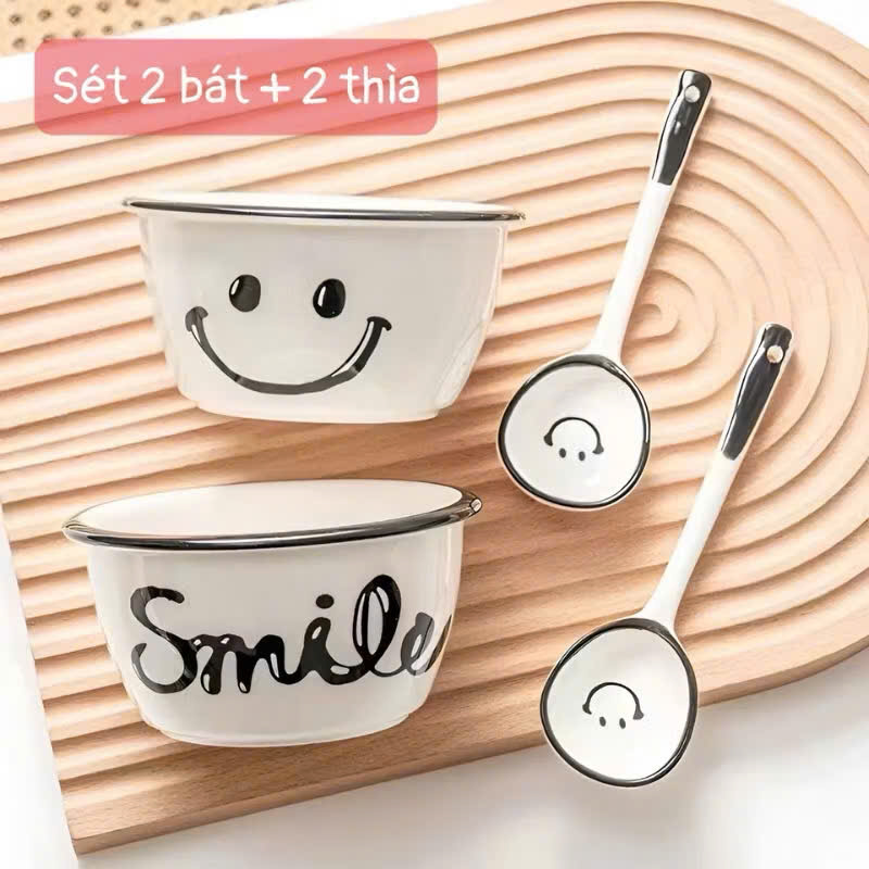 Set 2 Bát Ăn Cơm Sứ Hình Mặt Cười Smile - Chén Ăn Ngon Miệng Cho Bé, Hoạt Hình Dễ Thương Kèm 2 Thìa - HÀNG CHÍNH HÃNG MINIIN