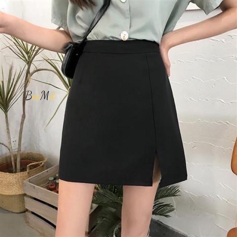 Chân váy ngắn chữ A xẻ tà lưng cao có quần lót trong BeeMit, Chân váy chữ A công sở dáng ngắn xẻ tà trước