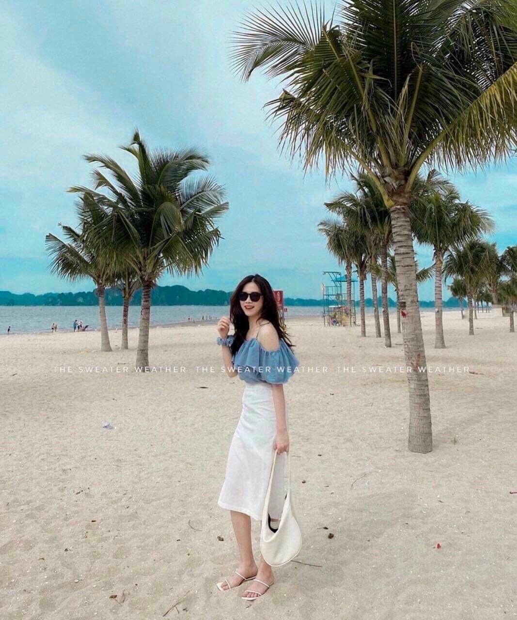 Set áo trễ vai và chân váy chữ A