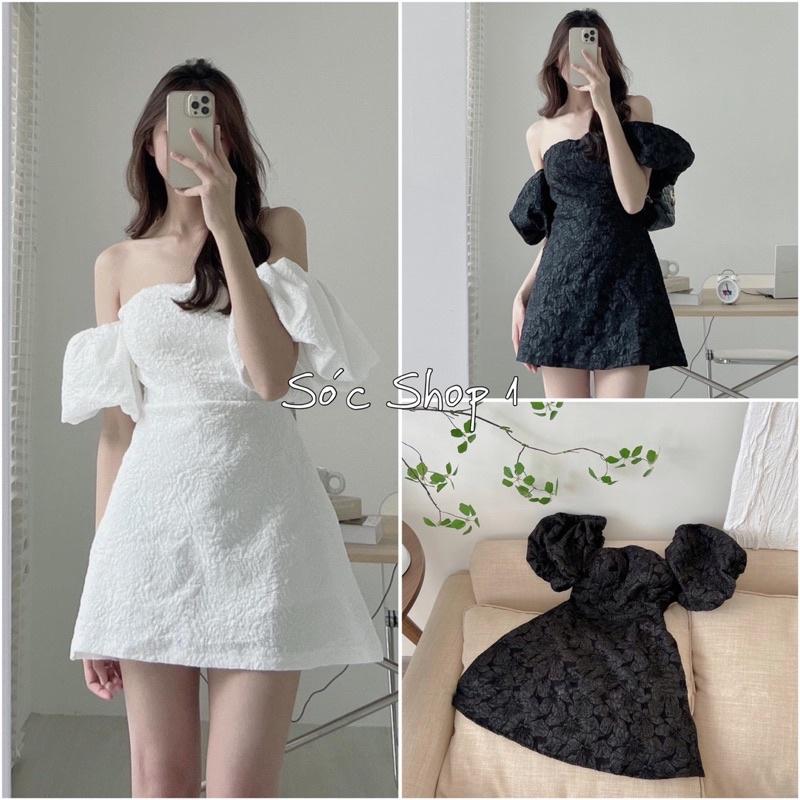 Váy Trễ Vai Xốp Phồng Quảng Châu 2 Màu Đen Trắng, Đầm Dự Tiệc Tiểu Thư Xinh Xắn