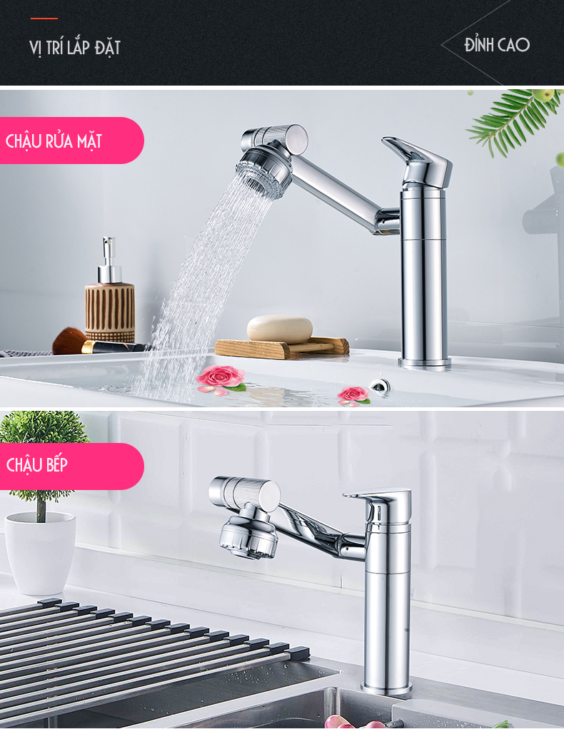 Vòi rửa mặt Lavabo cổ xoay 720 độ đa chiều, củ đồng, thân ngắn, mạ Crom, điều chỉnh nhiều chế độ tia nước Minh House