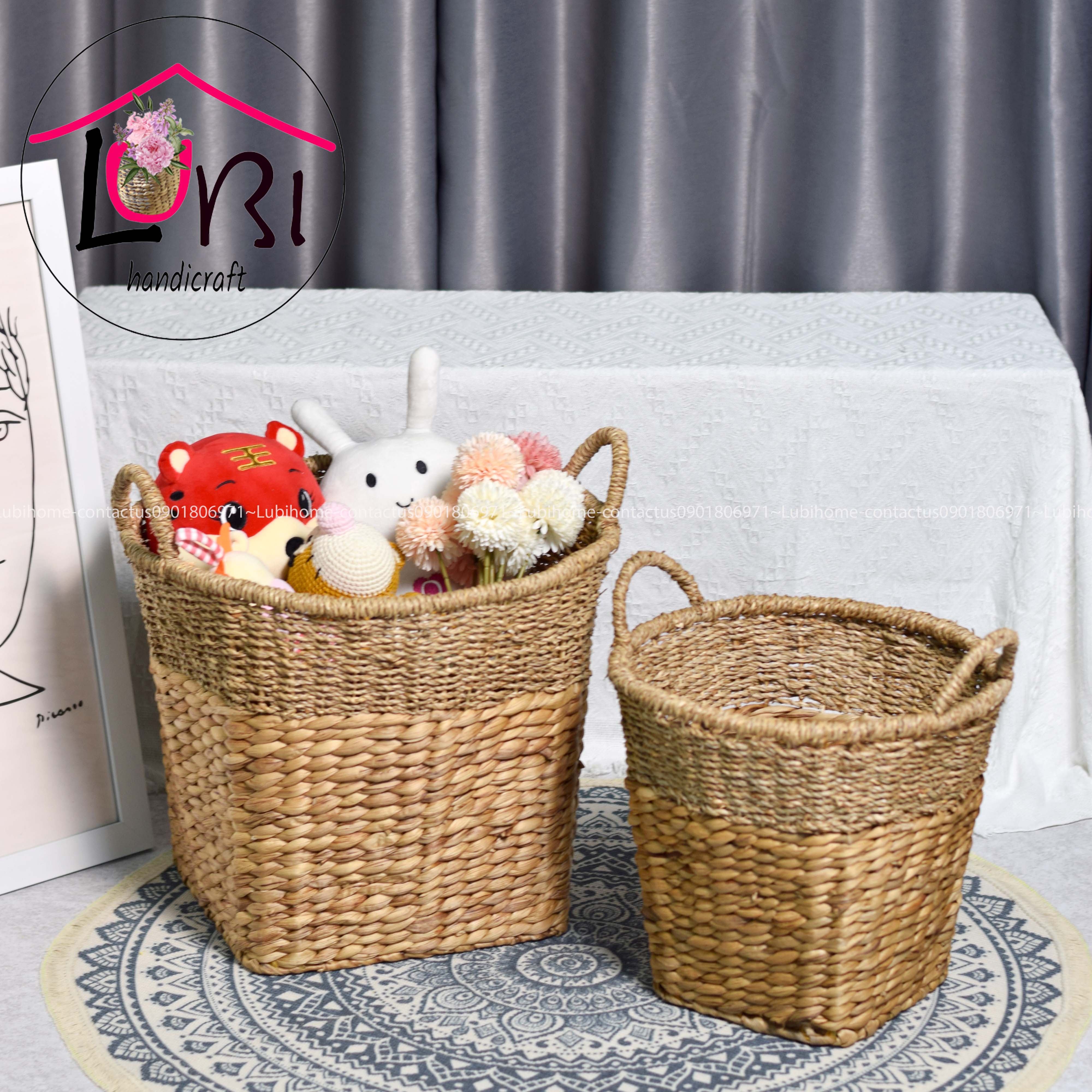 Lubihandicraft - Sọt đựng đồ lục bình kêt hợp cói miệng tròn đáy vuông - xinh xắn