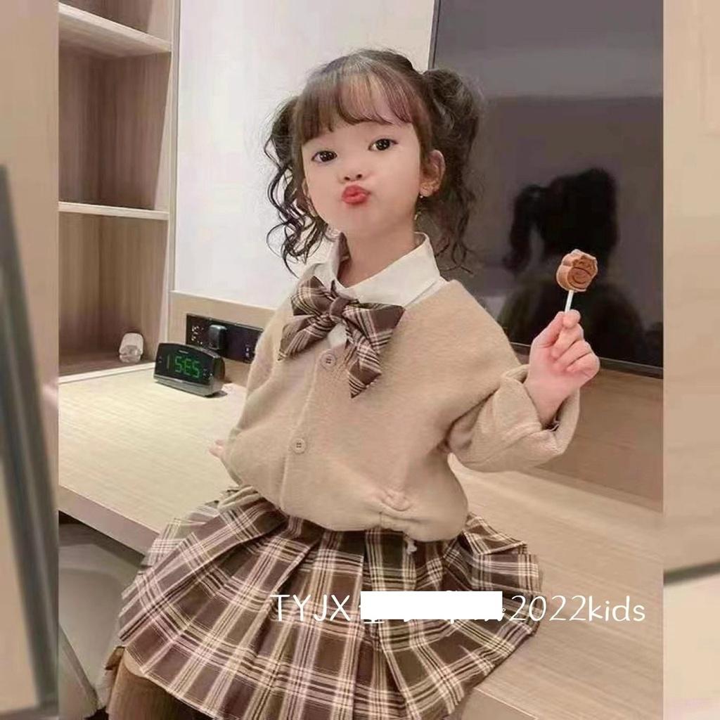 Set váy cho bé gái 3-8 tuổi 3 chi tiết kèm nơ. Váy thu đông trẻ em phong cách Hàn Quốc kiểu dáng thời trang
