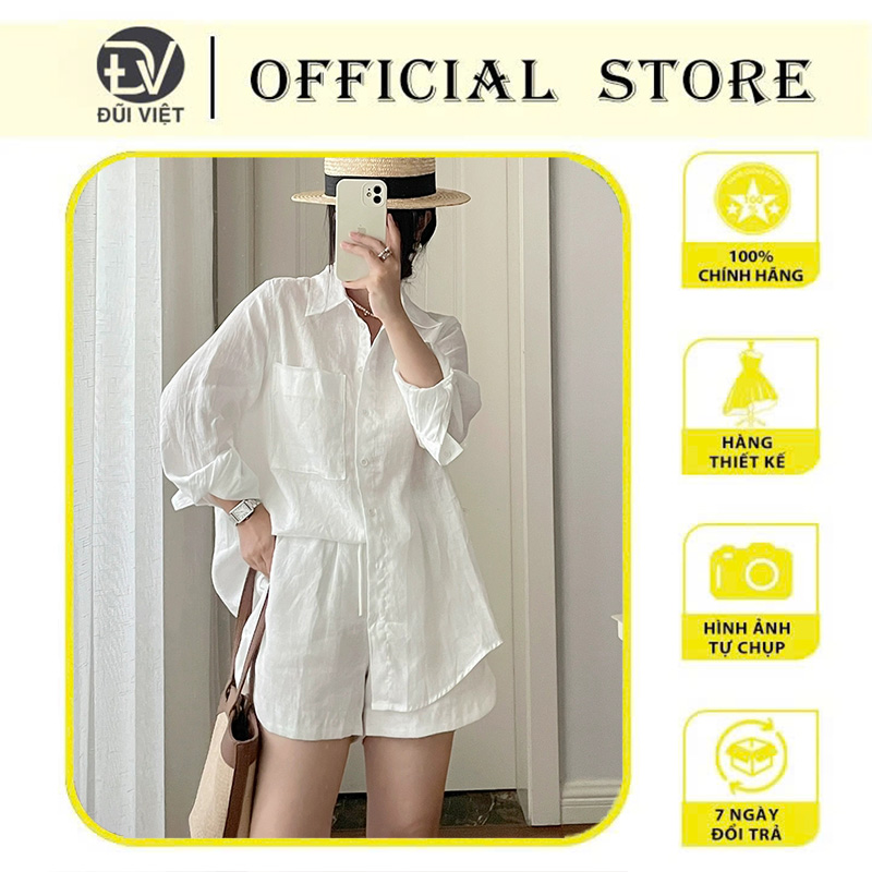 Bộ sơ mi linen gồm sơ mi dài tay có túi ngực và quần short cạp chun thoải mái dẽ mặc