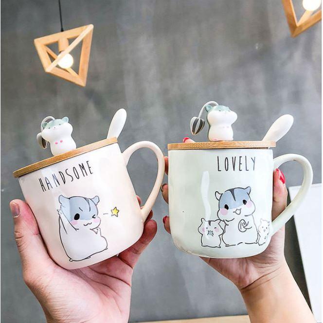 Cốc sứ, ly sứ hình chuột kèm nắp và thìa 400ml cực cute, họa tiết sắc nét bền đẹp